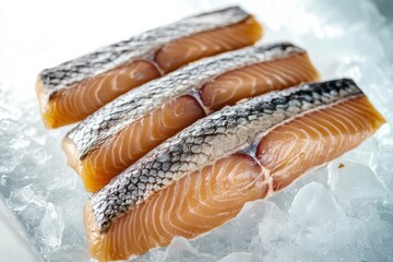 Fresh salmon fillets arranged on ice for culinary display in a seafood market