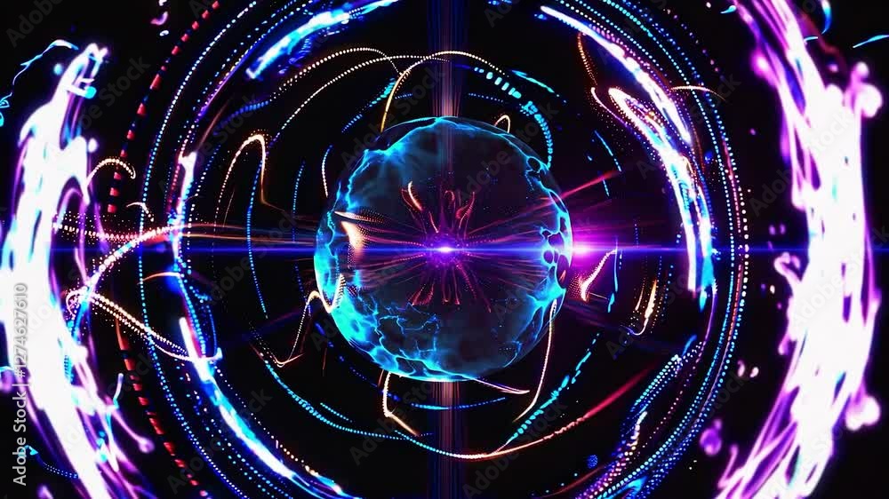 Aufkleber colorful plasma ball rotating in the center of swirling energy beams and particles, creating a mesme