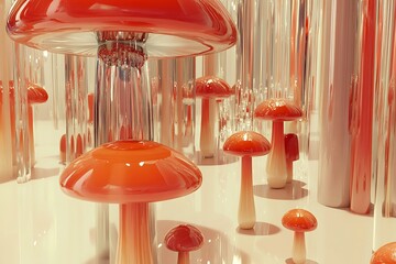 Whimsical and surreal red glass mushrooms in an abstract setting