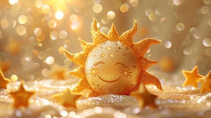 Obraz premium Sun character with starry eyes, surrounded by glittering stars, on a white background