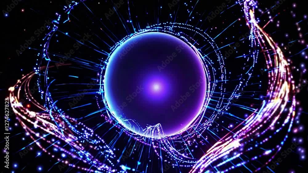 Poster futuristic planet earth is rotating with data streams and particles flowing around in a dark outer s