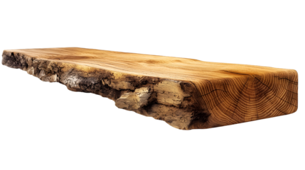 Rustic Wooden Shelf Live Edge Slab, Natural Brown Grain for Home Decor, isolated on transparent background.