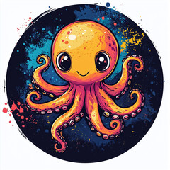 Adorable cartoon octopus in vibrant, colorful style.  A whimsical underwater creature against a dark, splatter-painted background.