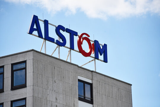 Salzgitter, Lower Saxony, Germany - August 11, 2024:  Logo of Alstom in Salzgitter, Germany - Alstom is a French multinational company operating worldwide in rail transport markets