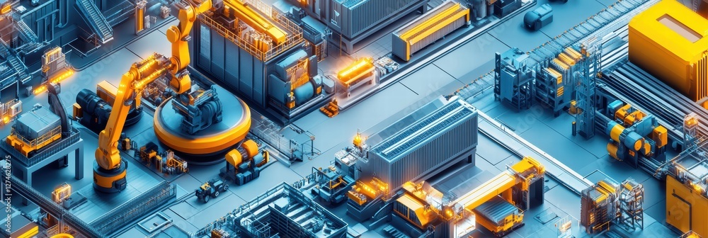 Poster dynamic industrial automation layout showcasing advanced robotic systems and machinery