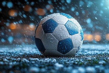 Fototapeta premium Soccer ball covered in snow during a winter evening match with blurred lights in the background