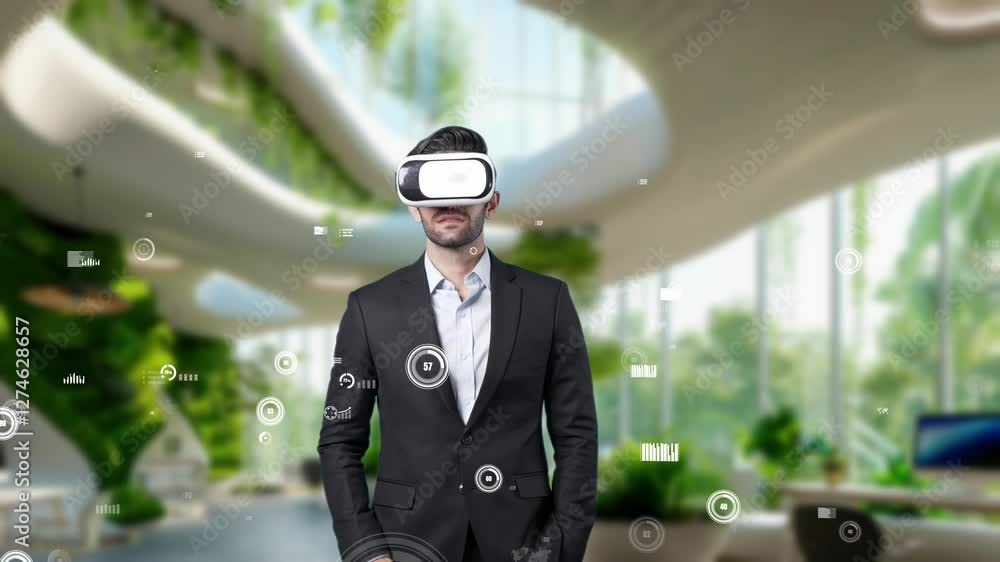 Poster skilled business man pointing financial chart and holding globe holographic. caucasian project manag