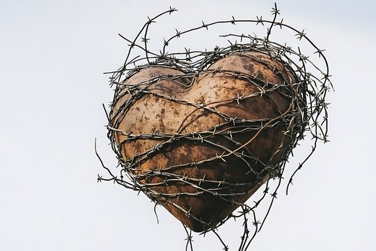 A rusty heart entangled in barbed wire: a poignant sculpture symbolizing struggle and resilience.