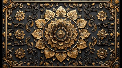Golden floral mandala wall art, ornate design, dark background, home decor