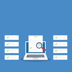 Online digital document inspection or assessment evaluation on laptop computer, contract review, analysis, inspection of agreement contract, compliance verification.	
