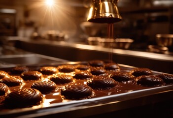 liquid chocolate flowing into mold emphasized textures capturing richness delicacy confectionery crafting process, dessert, sweet, melt, creamy, smooth