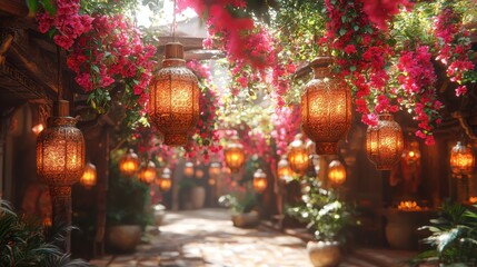 Sunlit alleyway, bougainvillea blossoms, hanging lanterns, magical atmosphere, travel brochure