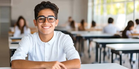 A joyful Hispanic teenage boy around 14 years old is seated at a desk in a simple classroom environment. He is smiling directly at the camera exuding positivity and friendliness