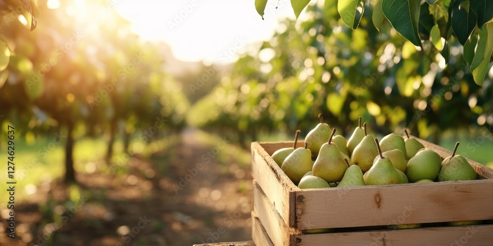 Poster a rustic wooden box overflows with freshly harvested pears placed on a dirt path in an orchard. sunl