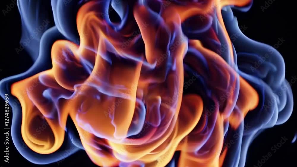 Poster wavy orange and blue flames intertwining and forming abstract shapes against a deep black background