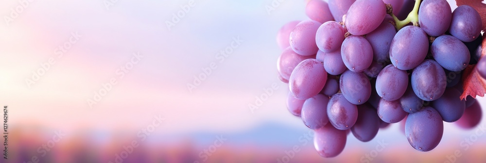 Poster Purple grapes dangle from the vine with lush vineyard rows softly blurred in the background creating a serene harvest atmosphere and ample copy space above for text