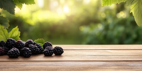 Ripe blackberries rest on a wooden surface warmed by late summer sunlight against a softly blurred green backdrop creating an inviting organic ambiance