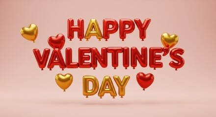 Bright festive balloons say Happy Valentine’s Day, creating a cheerful, loving atmosphere