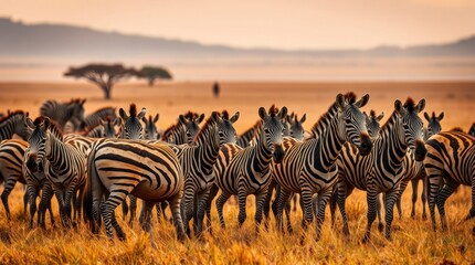Herd of Zebras in African Savanna at Sunset