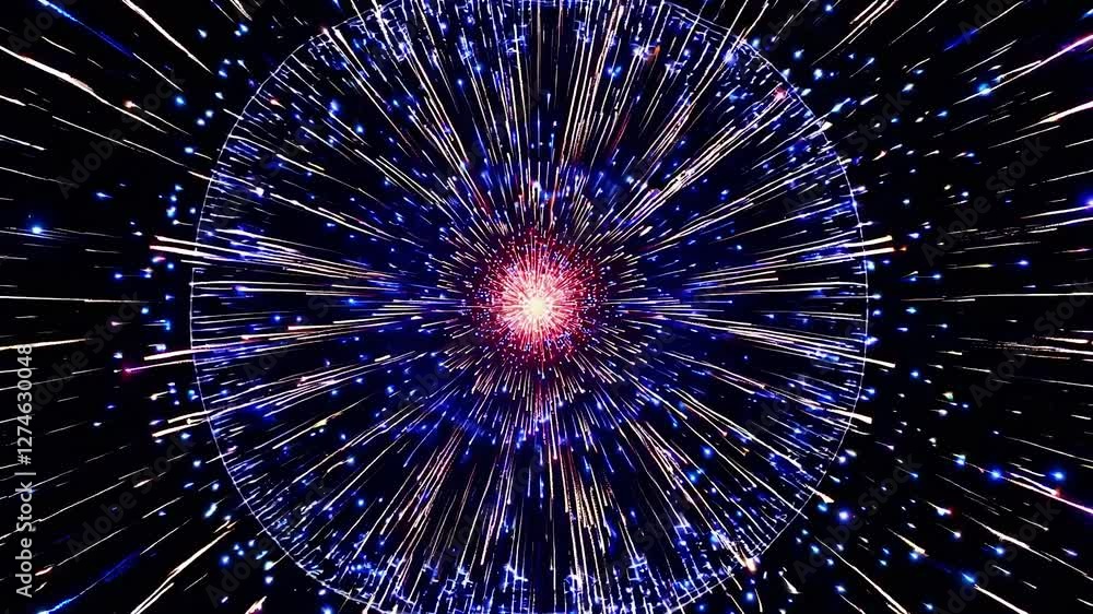 Aufkleber creating an abstract light explosion, blue and pink rays radiate from a bright center, expanding acr