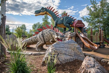 Dinosaur-themed playground featuring large dinosaur sculptures and interactive play structures in a...