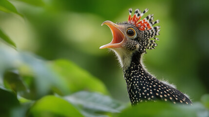 Close-up of a young bird chirping with open beak in a lush natural setting, detailed feathers and vibrant background.