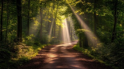 Obraz premium Sunbeams Illuminate Forest Path A Magical Scene