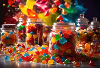 Fototapeta premium close vibrant candy explosion jar capturing bright colors varied textures sweets, rainbow, lgbtq, lgbt, pride, colorful, love, equality, treats, desserts