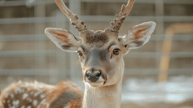 Young white-spotted deer with long-horned close-up - Powered by Adobe