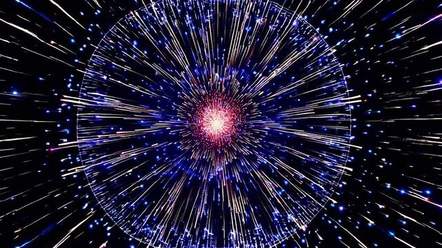 Creating an abstract light explosion, blue and pink rays radiate from a bright center, expanding across a dark background and producing a visually stunning and dynamic effect