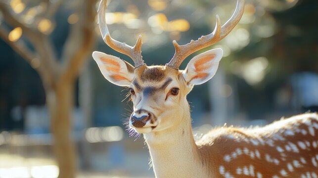 Young deer with antlers close-up