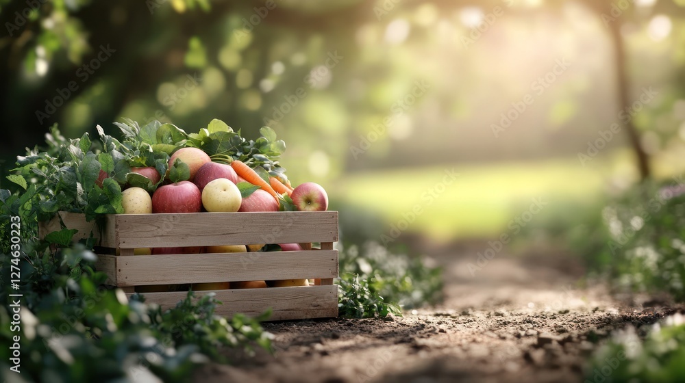 Poster a rustic crate overflows with vibrant apples fresh carrots and hearty potatoes resting on a dirt pat