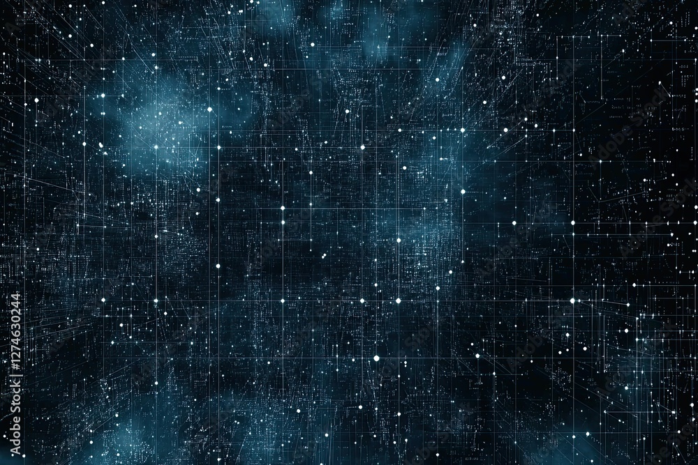 Poster a dark blue background features abstract network lines and numbered dots, with selective focus utili