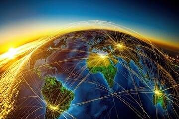 Global connections. Earth with interconnected networks. Communication with shining sunset