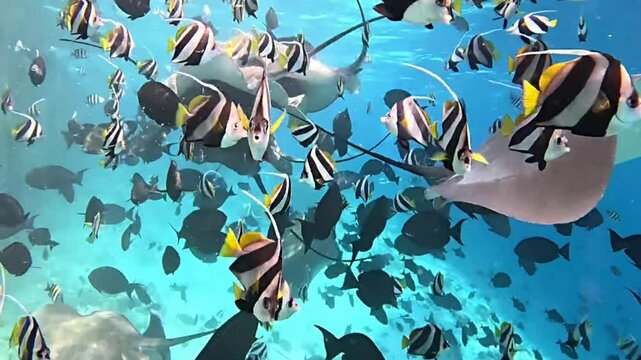 Sting ray and other black and white fishes in sea