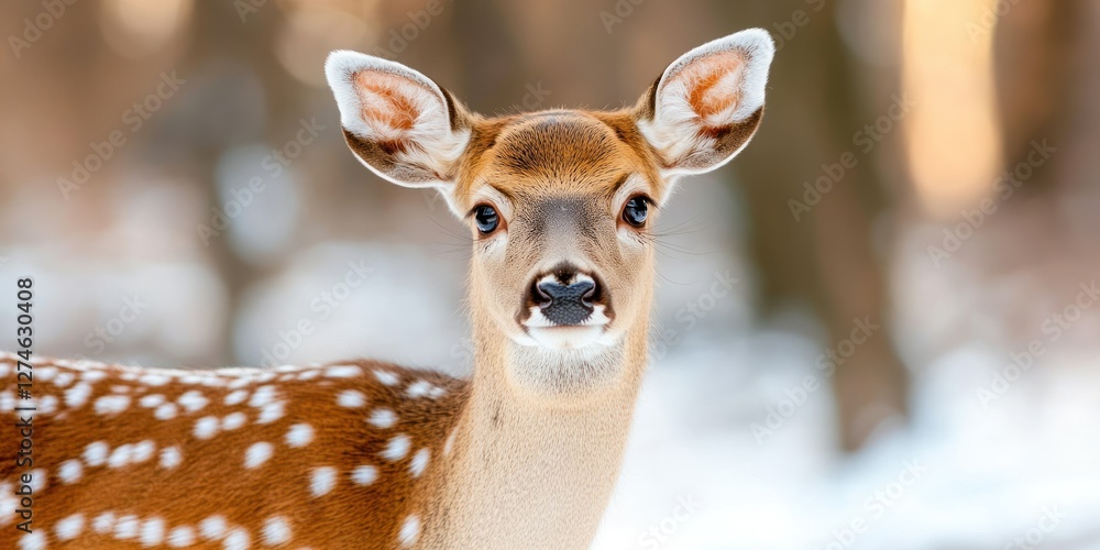 Poster a beautiful deer stands in a snowy forest its soft features highlighted against a blurred backdrop o