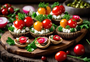 vibrant palette delectable appetizers beautifully arranged vivid colors textures beautiful presentation, arrangement, platter, savory, cheese, vegetables