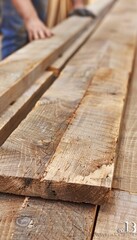 Two skilled carpenters collaborating to construct a wooden table in an organized workshop space