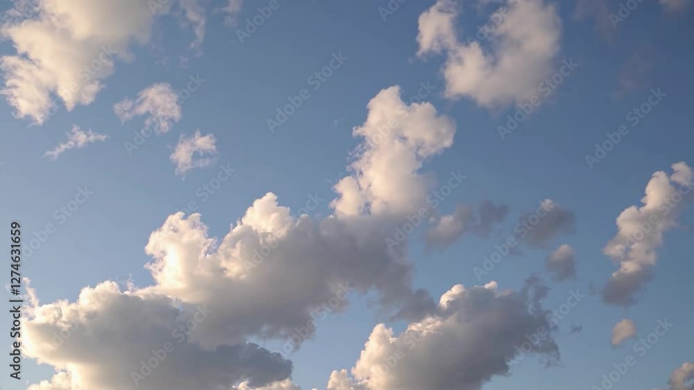 Poster white and gray cumulus clouds are moving slowly across a clear blue sky, creating a tranquil and pic