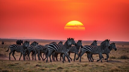 Zebras at Sunset in African Savanna Landscape