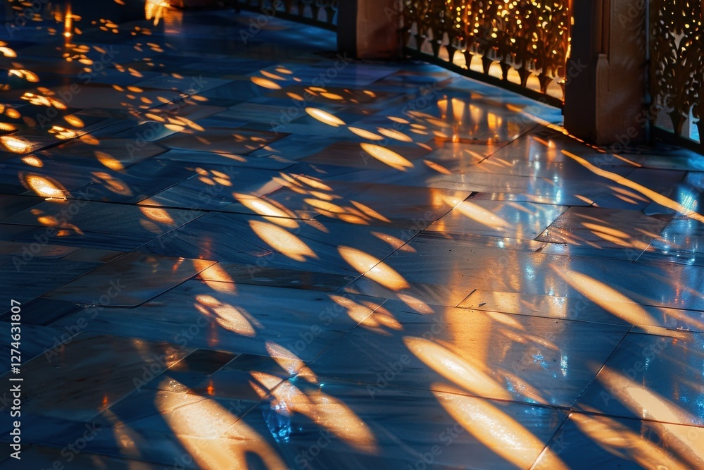 Aufkleber light beams filter through stained glass windows, creating a colorful display on polished marble flo