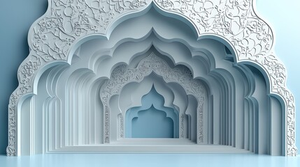 Islamic architecture, arched gateway, 3D render, blue background, design template