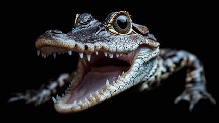 Obraz premium Close-up of a smiling baby crocodile with mouth open, revealing sharp teeth and detailed scaly skin in natural habitat.