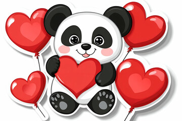 Obraz premium Cute Panda Holding Heart with Red Balloons. Possible use Greeting card, sticker, children's book illustration