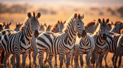 Fototapeta premium Stunning Zebras in Golden African Sunset Wildlife Photography