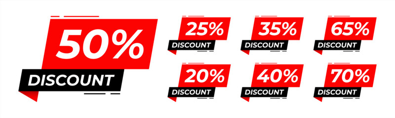 Special offer discount with different value percent off. 50, 20, 40, 70, 25, 35, 65 percentage price reduction label for cheap purchase set vector 10 eps.