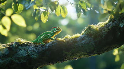 Green chameleon climbing a mossy tree branch in a sunlit forest.