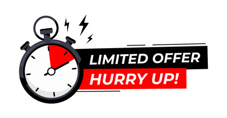 Red limited offer hurry up with clock for promotion, banner, price. Label countdown of time for offer sale or exclusive deal. Alarm clock, vector 10 eps.