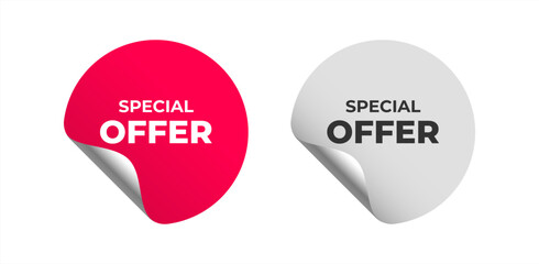 Special offer symbol. Round sticker with offer message. Sale sign. Advertising Discounts symbol. Circle sticker mockup banner. Special offer badge shape. Adhesive offer paper banner. Vector 10 eps.
