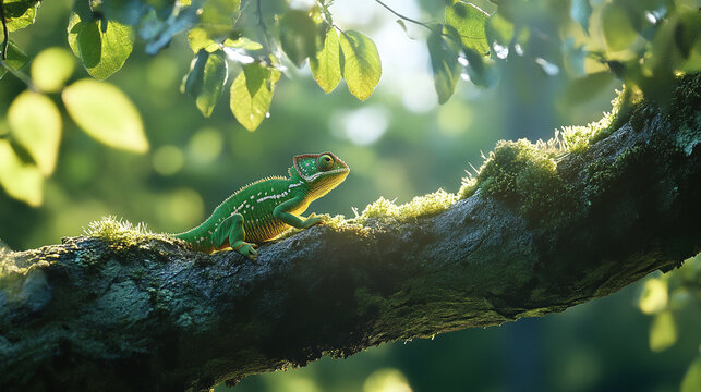 Green chameleon climbing a mossy tree branch in a sunlit forest.